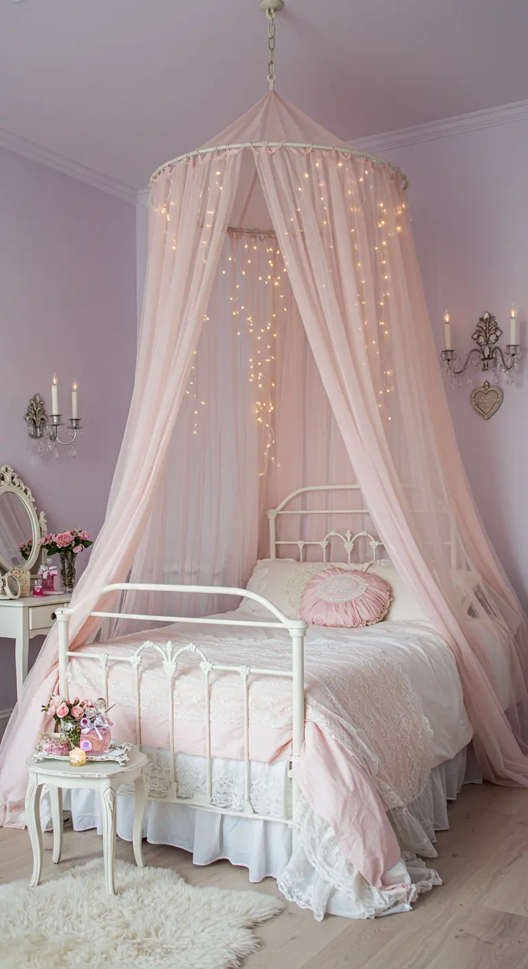 Romantische slaapkamer met een wit metalen bed onder een klamboe met fonkelende lichtjes.