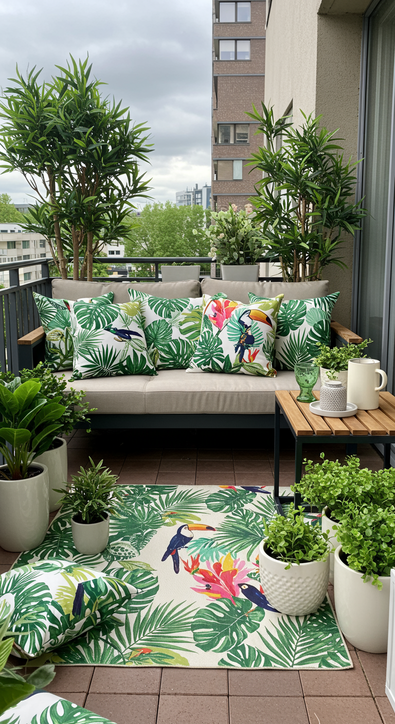 Balkon met loungebank, rijk versierd met kussens en een kleed met tropische blad- en toekanprints.