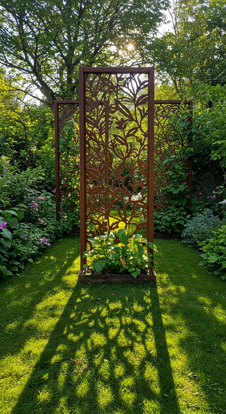Cortenstalen privacyschermen met uitgesneden bladmotieven, geplaatst in een groene tuin.