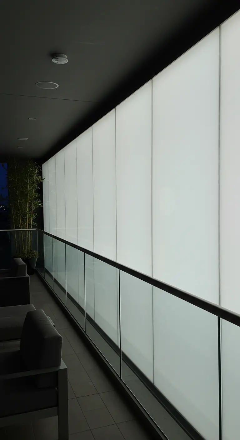 Balkon met glazen balustrade en een verlichte, doorschijnende privacywand erachter.