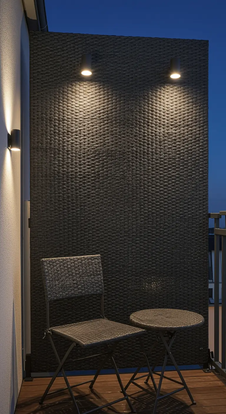Donker polyrotan privacypaneel op balkon met klein bistrosetje en spotverlichting.