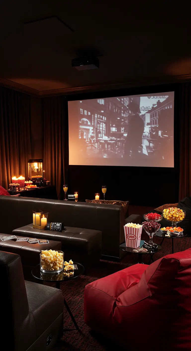 Donkere kamer ingericht als thuisbioscoop met projector, zitzakken en popcorn.