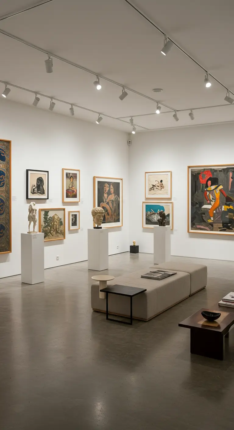 Woonkamer als kunstgalerie met witte muren, spots en diverse kunstwerken.