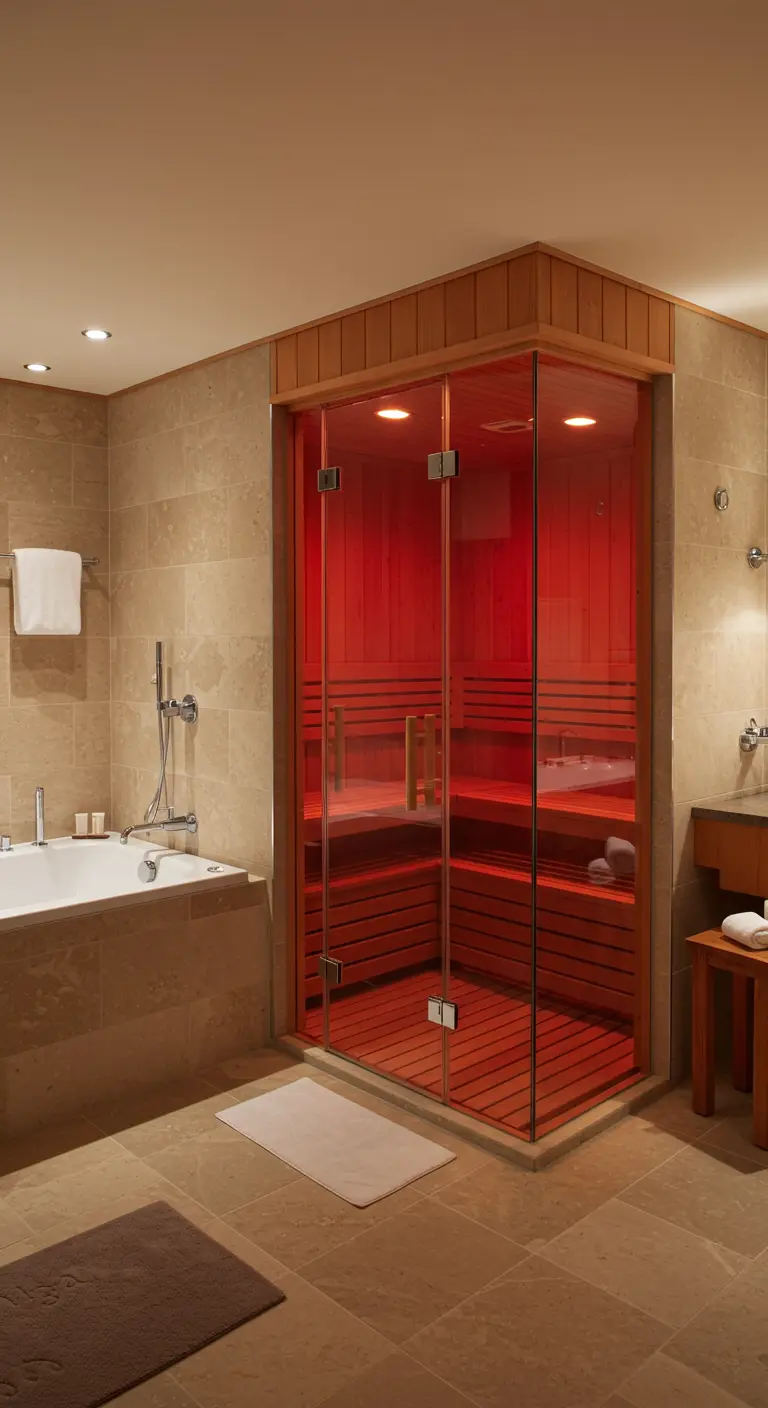 Badkamer met een ingebouwde houten infraroodsauna met glazen deur en rode sfeerverlichting.