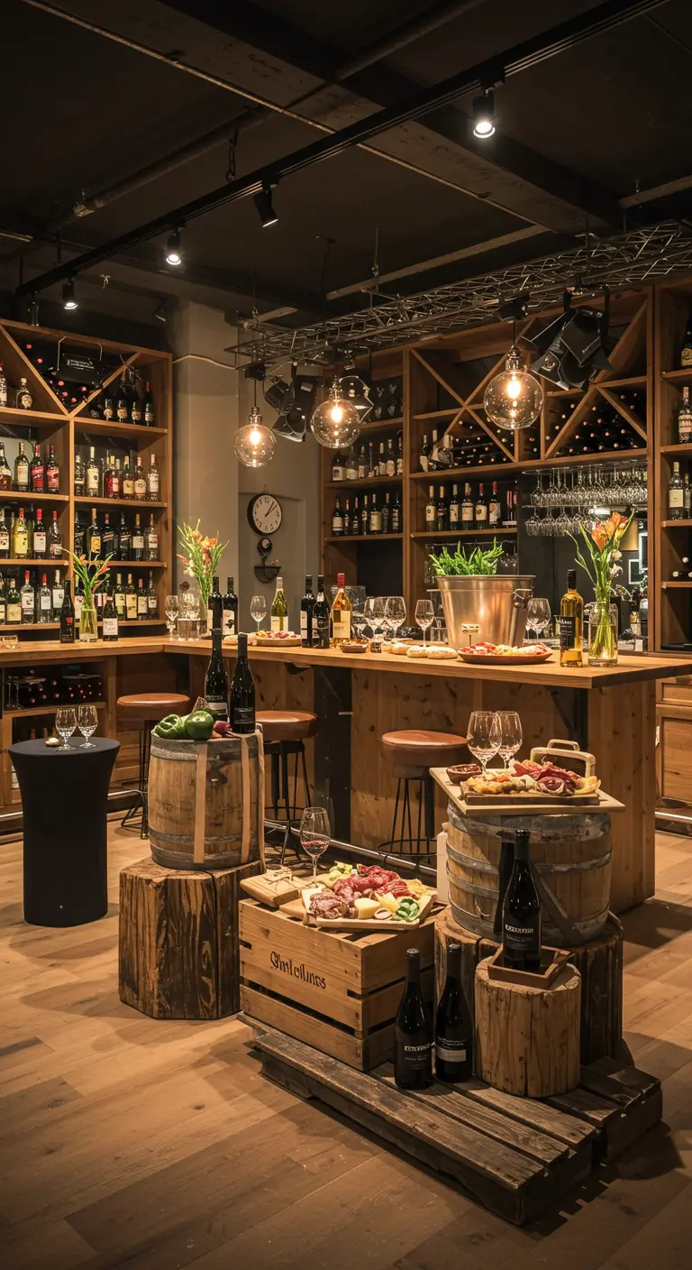 Wijnproeverij-opstelling met houten vaten, kisten, flessen wijn en borrelplanken in een rustieke bar.