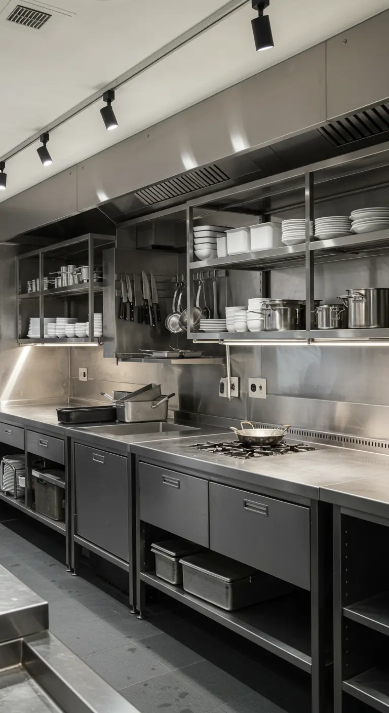 Professionele RVS keuken met open rekken vol pannen en keukengerei.