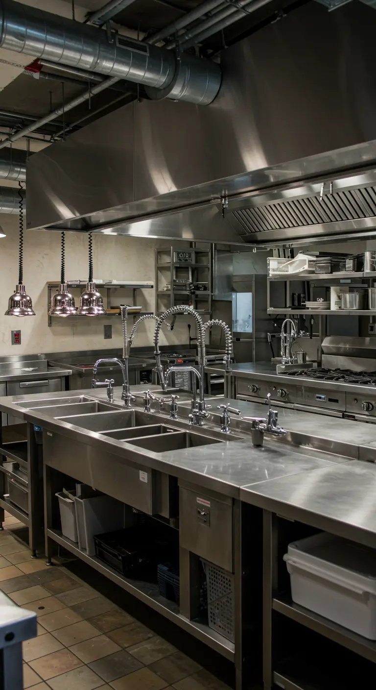 Professionele keuken met meerdere grote RVS spoelbakken en industriële kranen.
