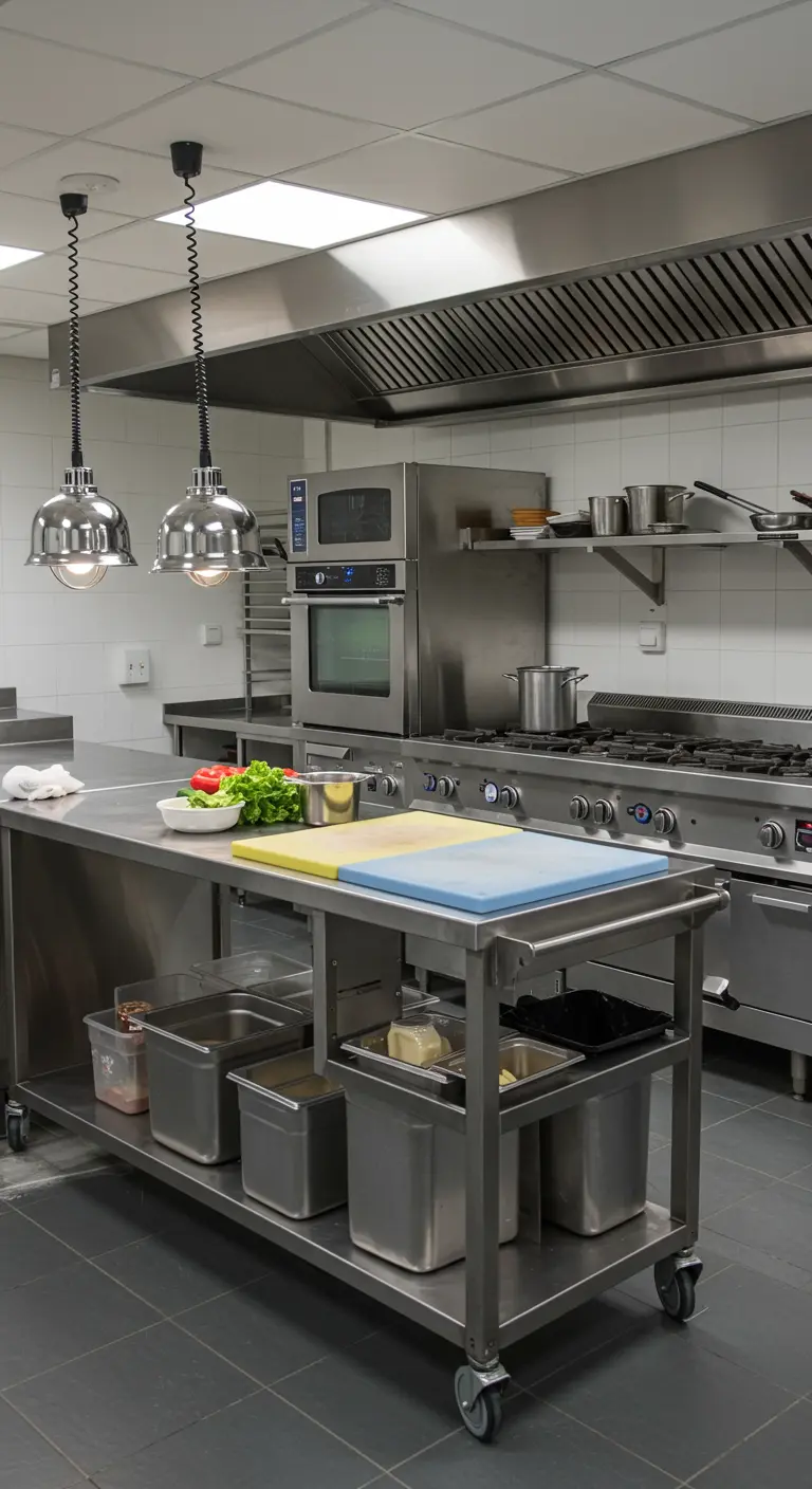 Grote RVS professionele keukentrolley met snijplanken en bakken in een horecakeuken.
