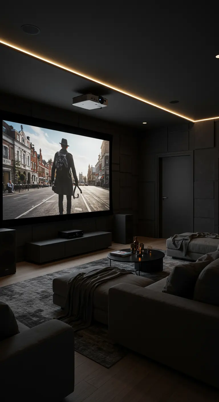Donkere thuisbioscoop met projector, groot scherm en loungebanken.