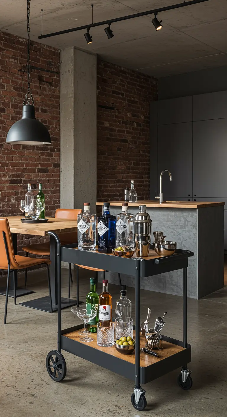 Zwarte industriële keukentrolley ingericht als bar met diverse flessen drank en cocktailshaker.