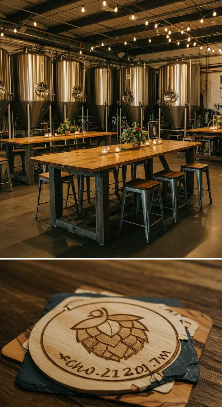 Houten tafels in brouwerij met metalen krukken; close-up van gepersonaliseerde houten onderzetter.