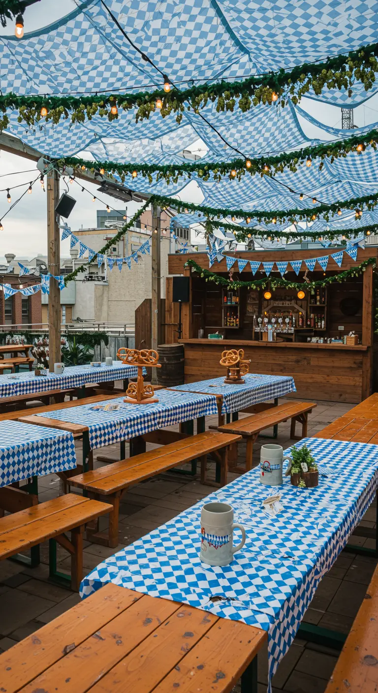 Dakterras in Oktoberfest-stijl met lange houten tafels en bierpullen.
