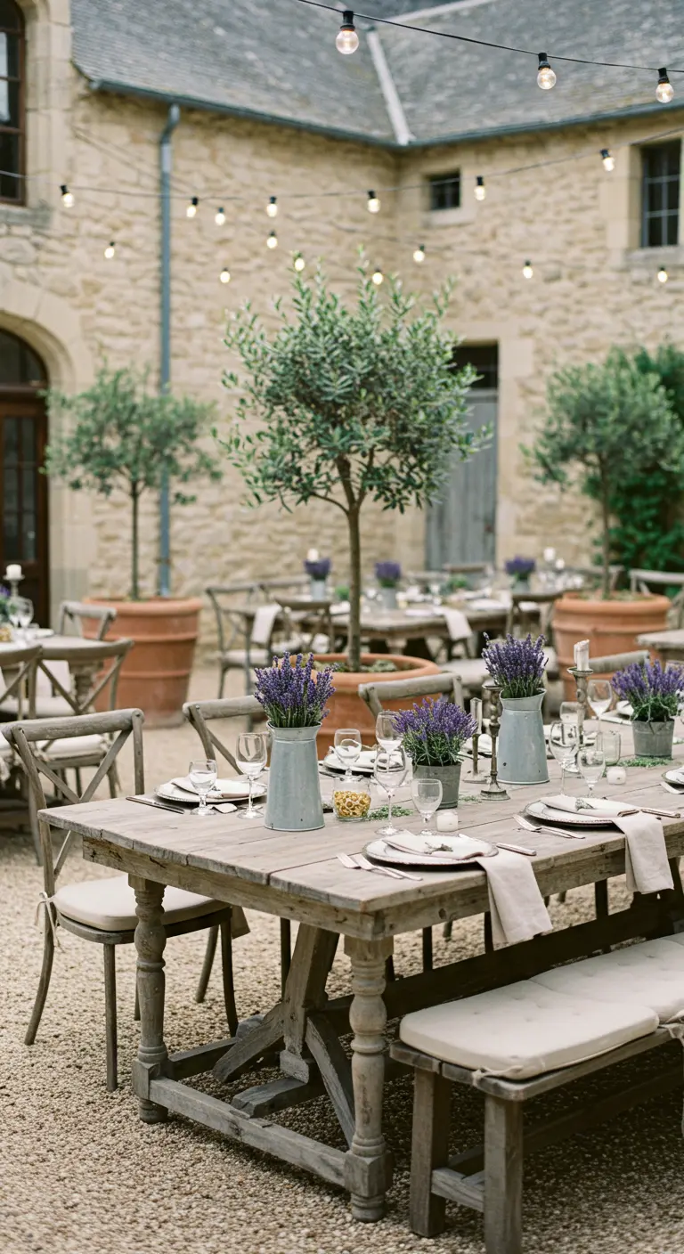 Provençaalse binnenplaats receptie met lavendel, olijfbomen in potten en rustieke houten tafels.