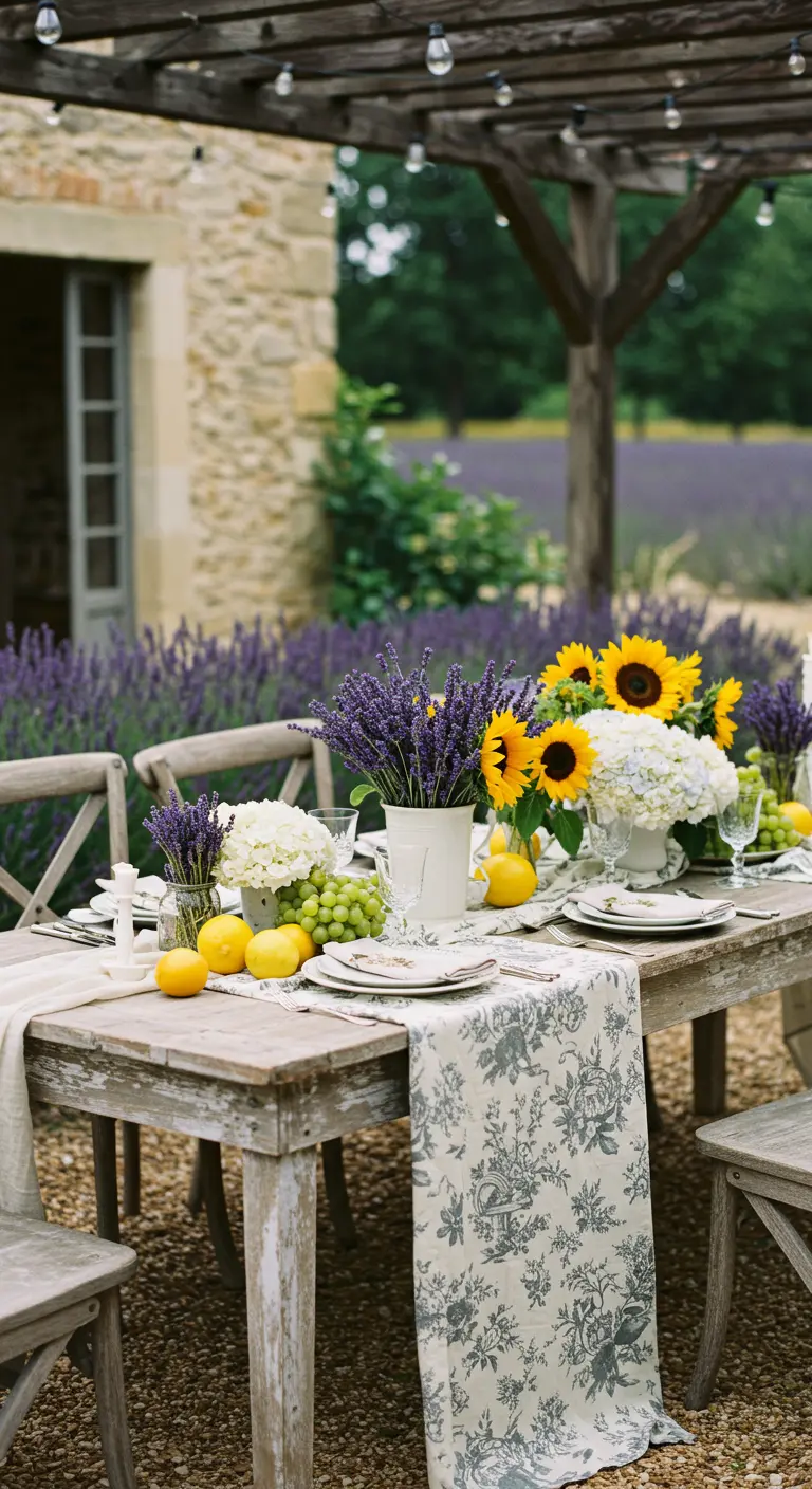 Tafel in Provençaalse stijl met lavendel, zonnebloemen, citroenen en een bedrukte loper.