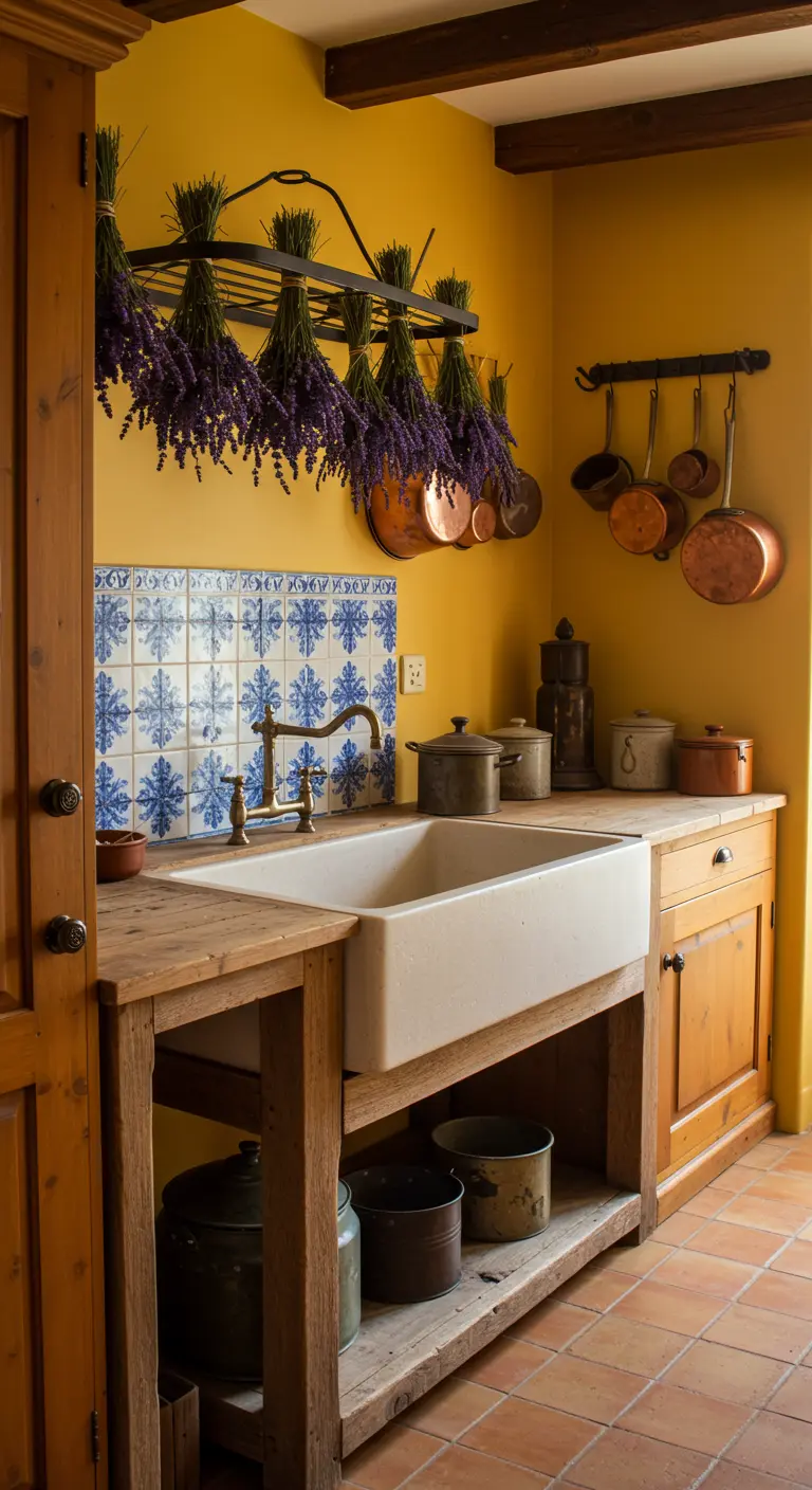 Provençaalse keuken met witte spoelbak, gele muren, blauw-witte tegels en hangende lavendel.