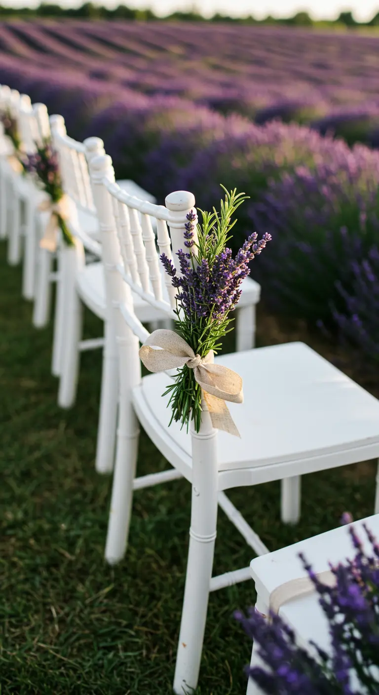 Witte stoelen in een lavendelveld, versierd met bosjes lavendel en jute lint.