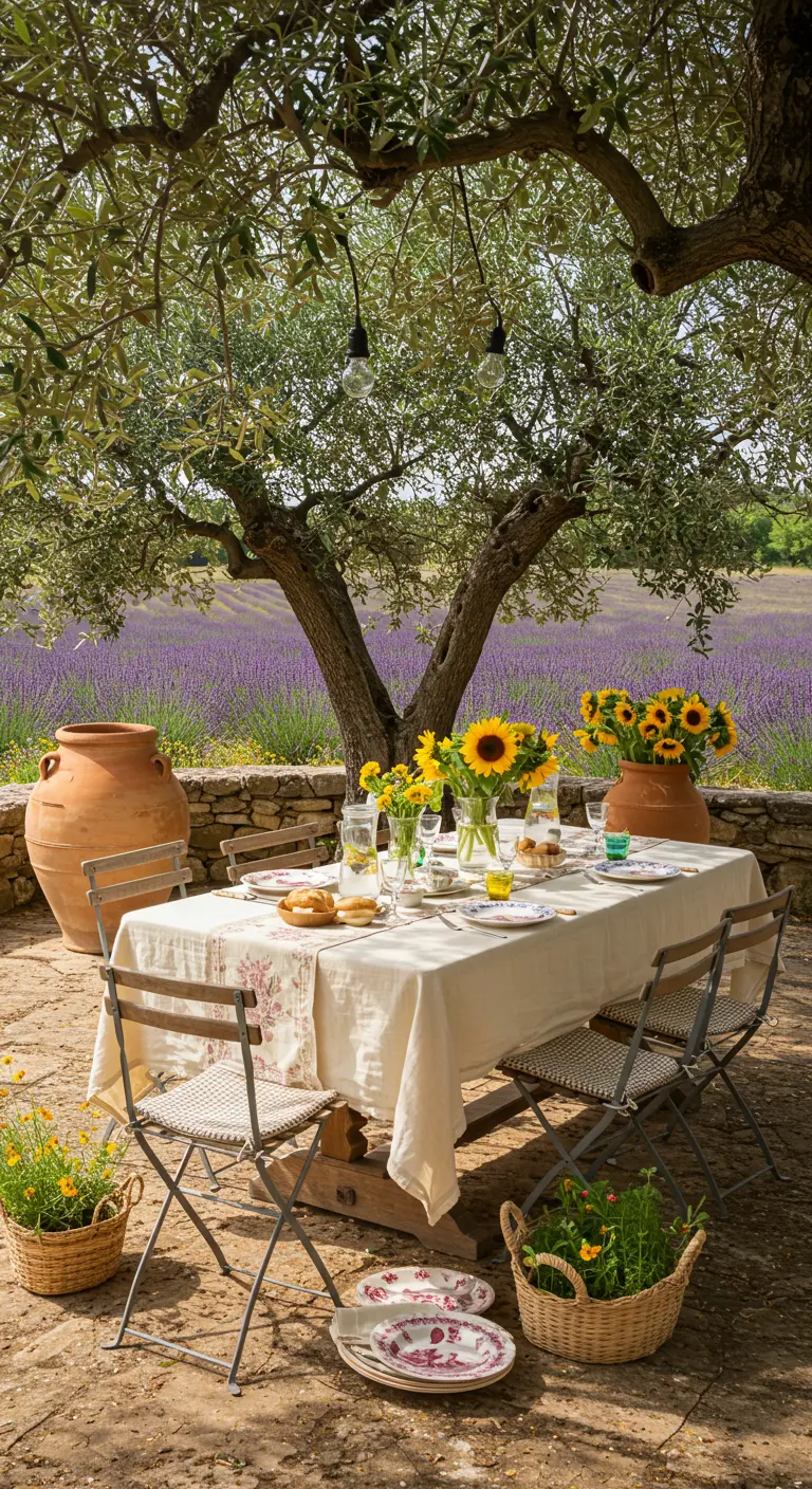 Buitentafel onder olijfboom met zonnebloemen, lavendelveld en vintage borden.