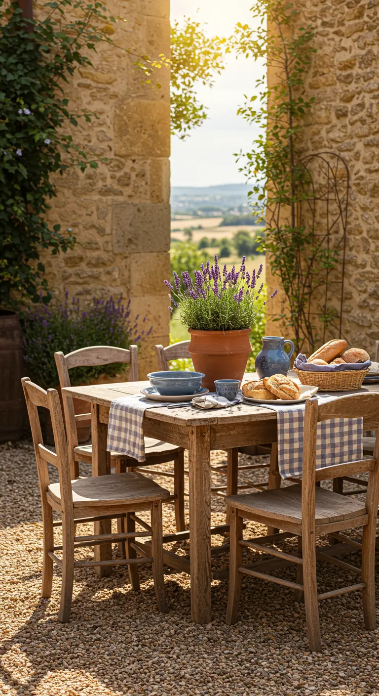 Houten eettafel met geblokt kleed en lavendel op een binnenplaats in de Provence.