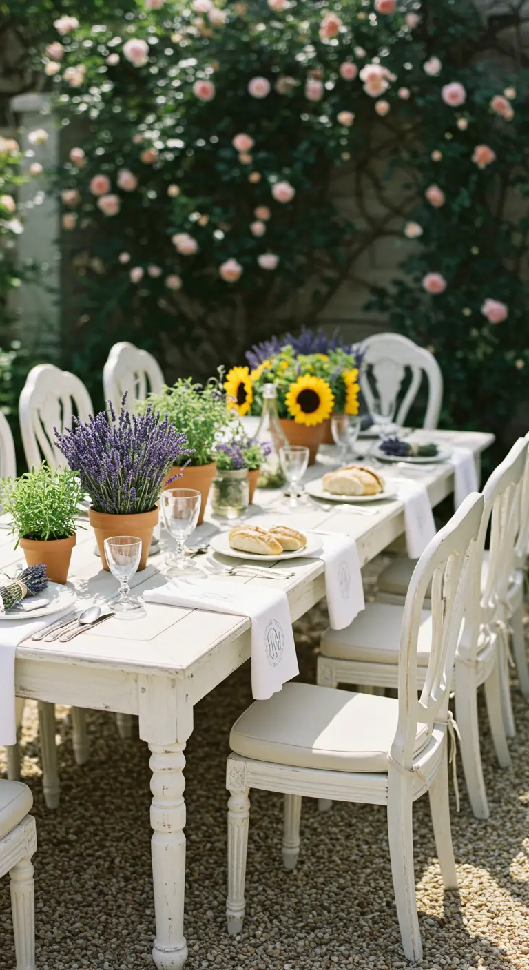 Witte tuintafel met terracotta potten lavendel en zonnebloemen, Provençaalse stijl.