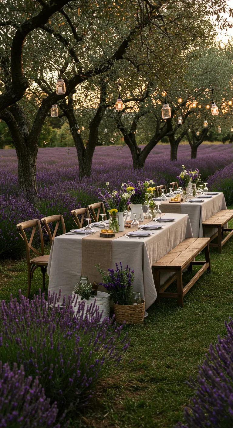 Tafelschikking in lavendelveld met linnen tafelkleden en rustieke decoraties.