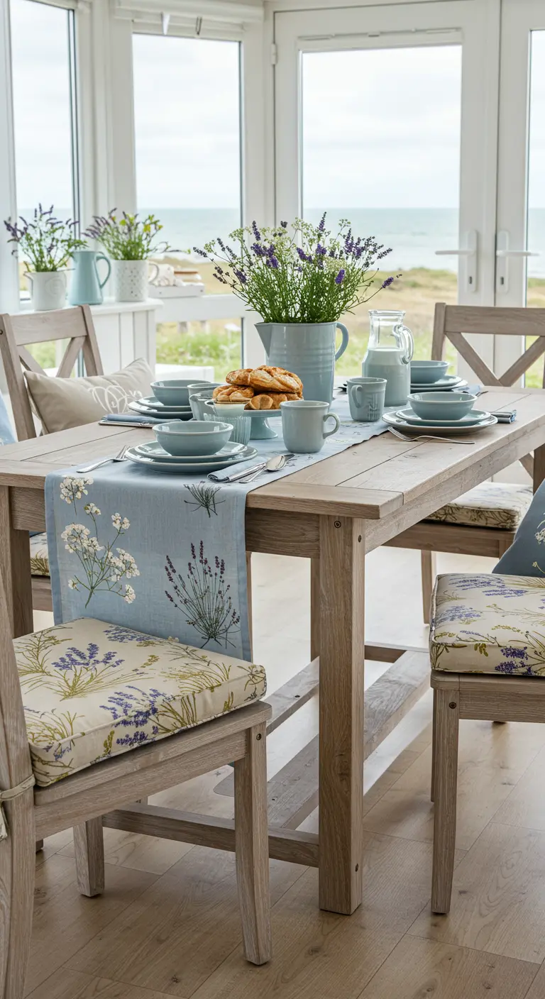 Lichte eethoek met uitzicht op zee, lavendelprint textiel en verse lavendel.