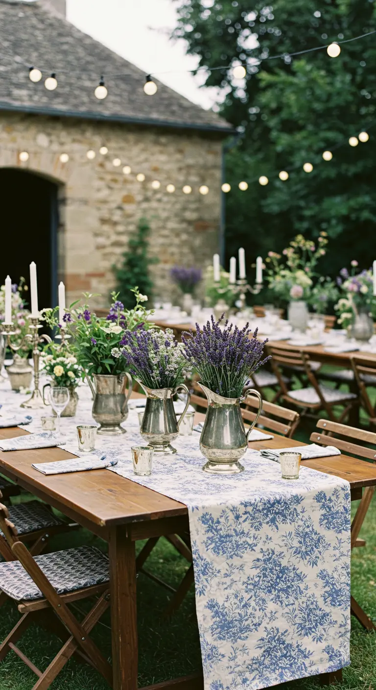 Franse landelijke tafel met blauw-witte toile loper en lavendel in zilveren kannen.