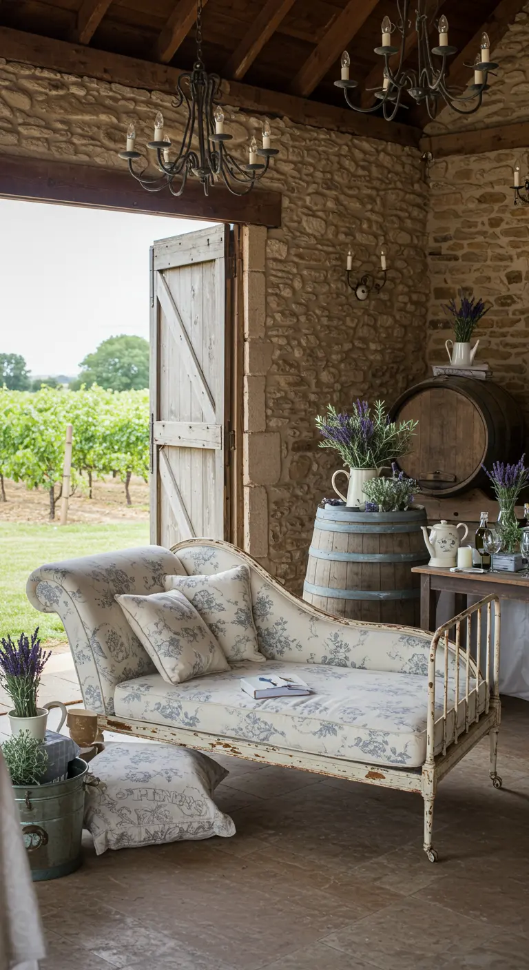 Vintage chaise longue met bloemenpatroon in een rustieke stenen schuur, omringd door lavendel.