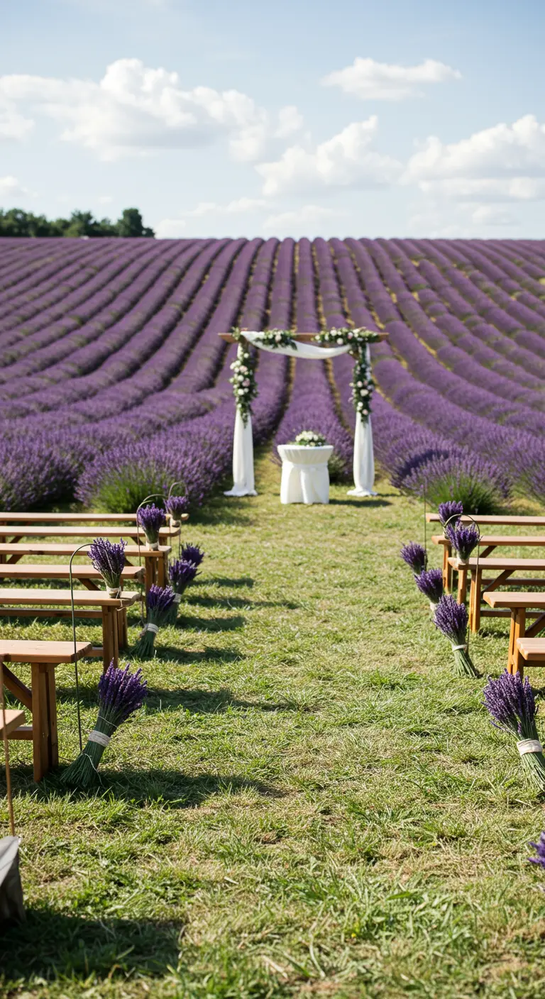 Ceremonie-opstelling in een lavendelveld met houten bankjes en een witte boog.