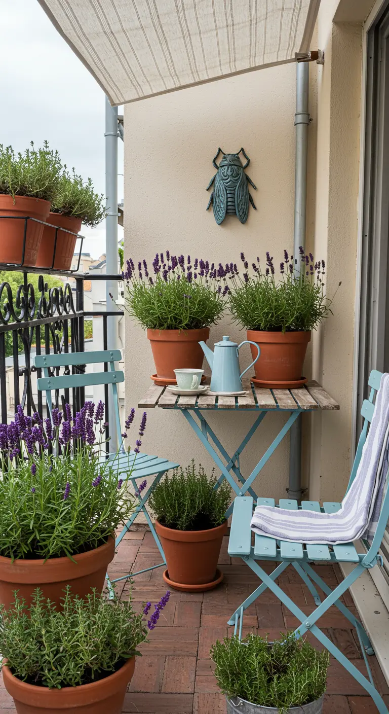Balkon met blauwe Franse bistroset, terracotta potten met lavendel en gestreepte handdoek.