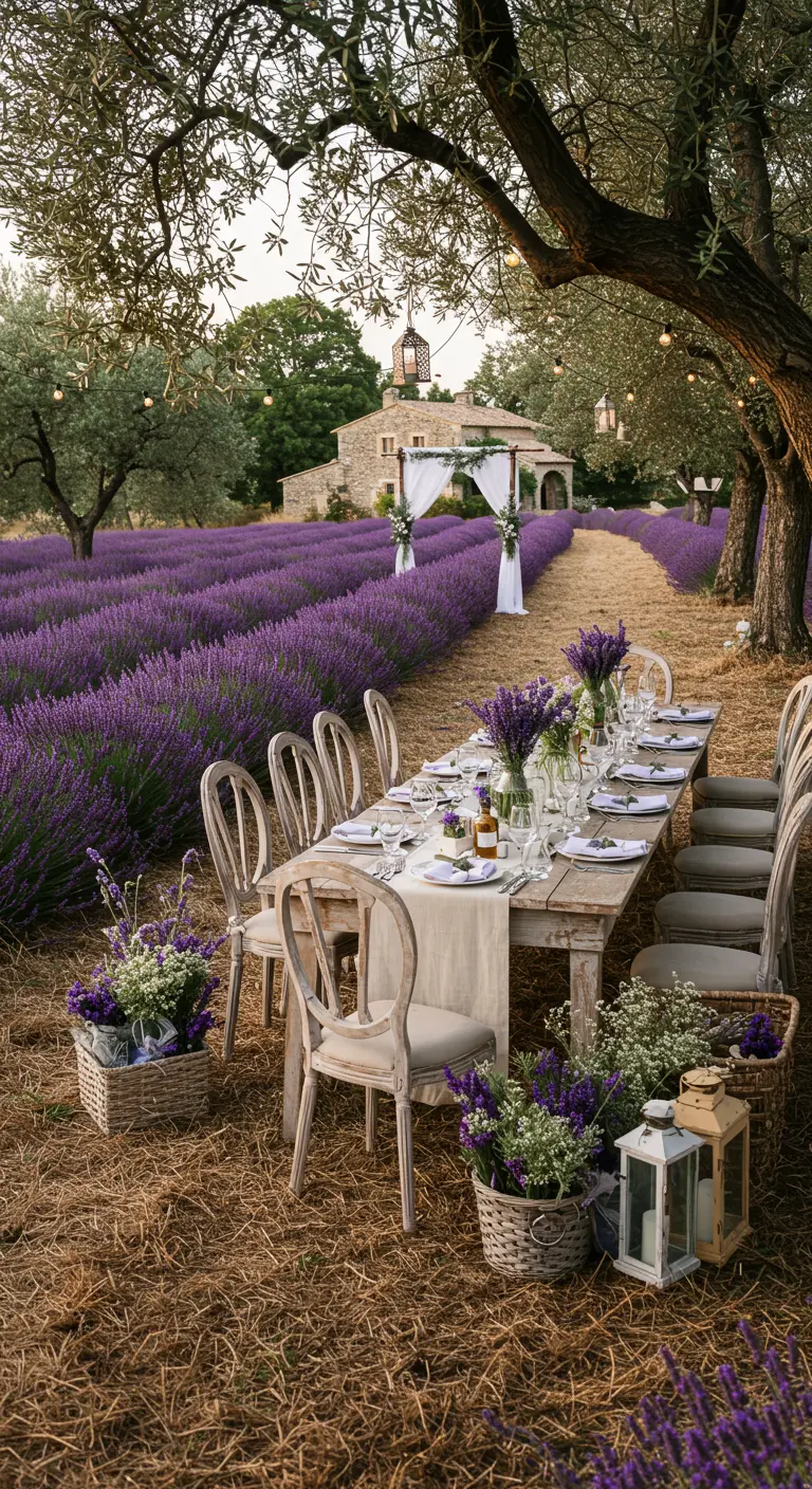 Bruiloftsdiner in een lavendelveld in de Provence, met rustieke tafel en lavendeldecoratie.