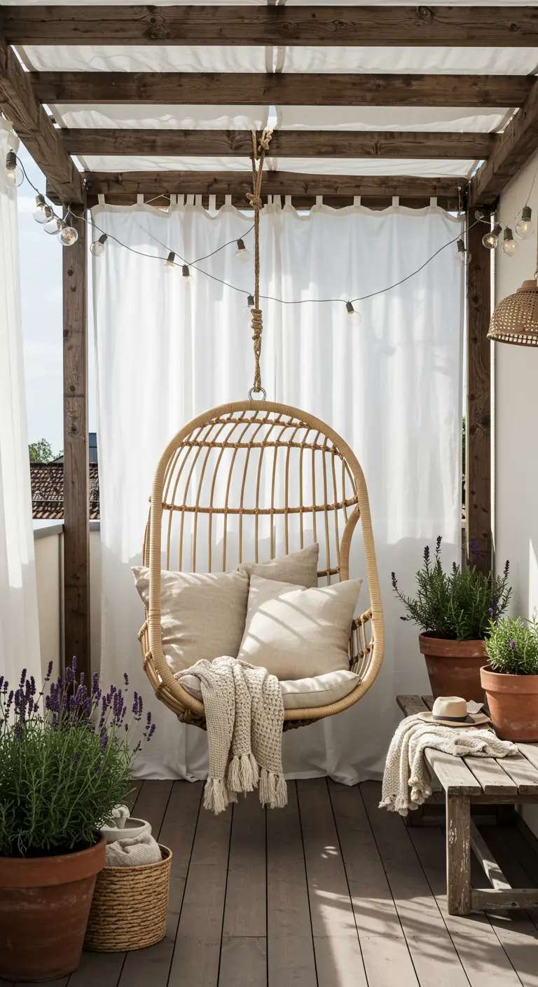 Rotan ei-hangstoel op houten vlonder met witte doeken als afscheiding en potten lavendel.