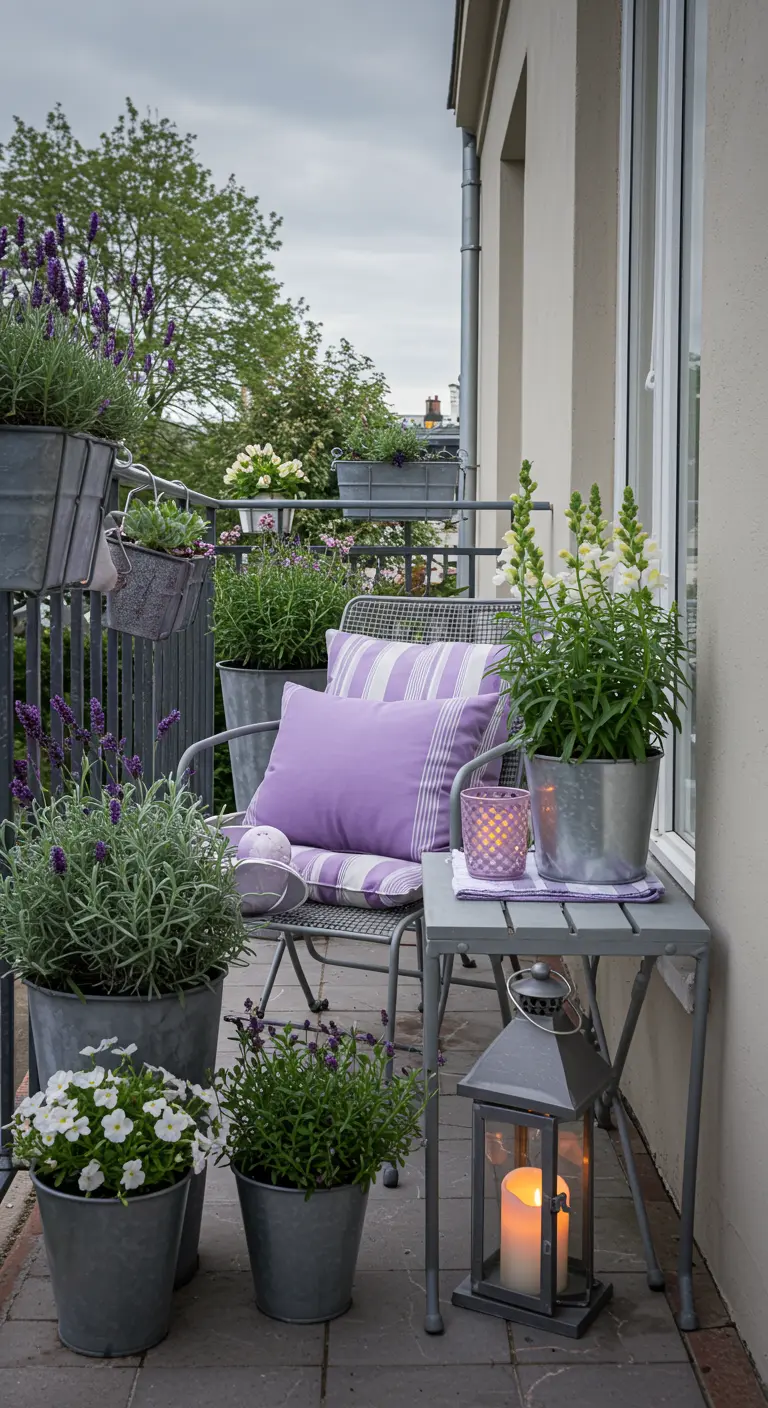 Balkon met grijze metalen stoel, lavendelkleurig kussen, lavendelplanten en lantaarn.