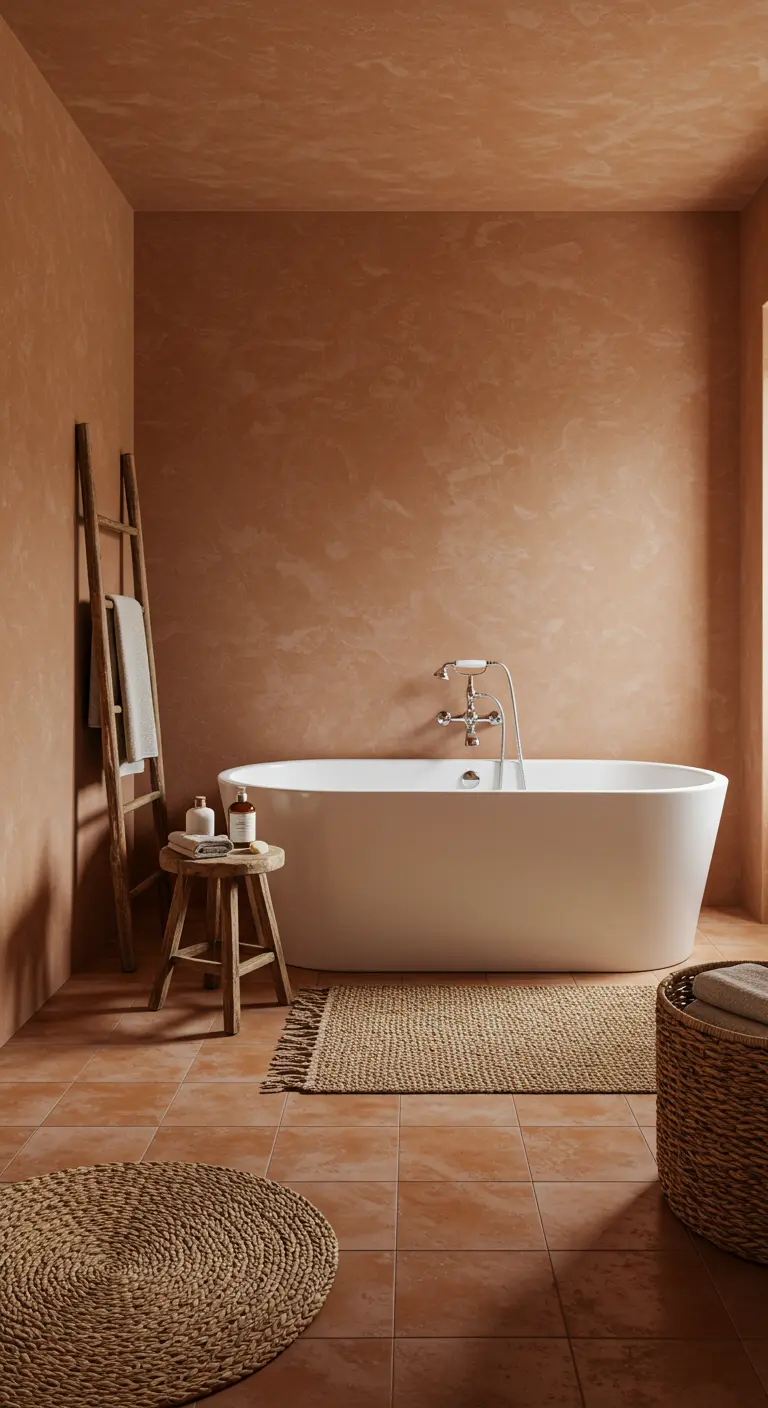 Badkamer met terracotta-kleurige kalkverf muren, houten ladder en natuurlijke textielmatten.