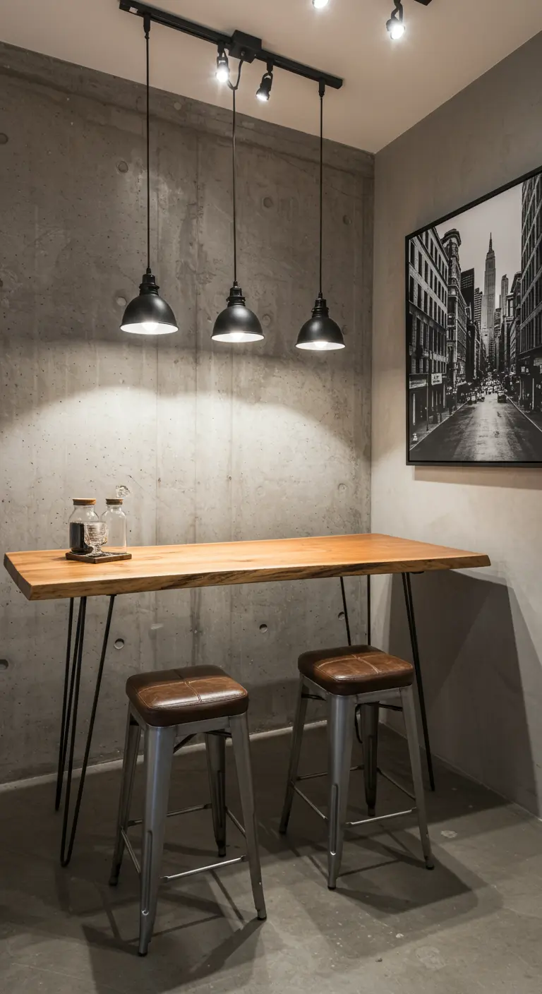 Industriële eethoek met houten bartafel, metalen krukken, betonnen muur en spotjes.