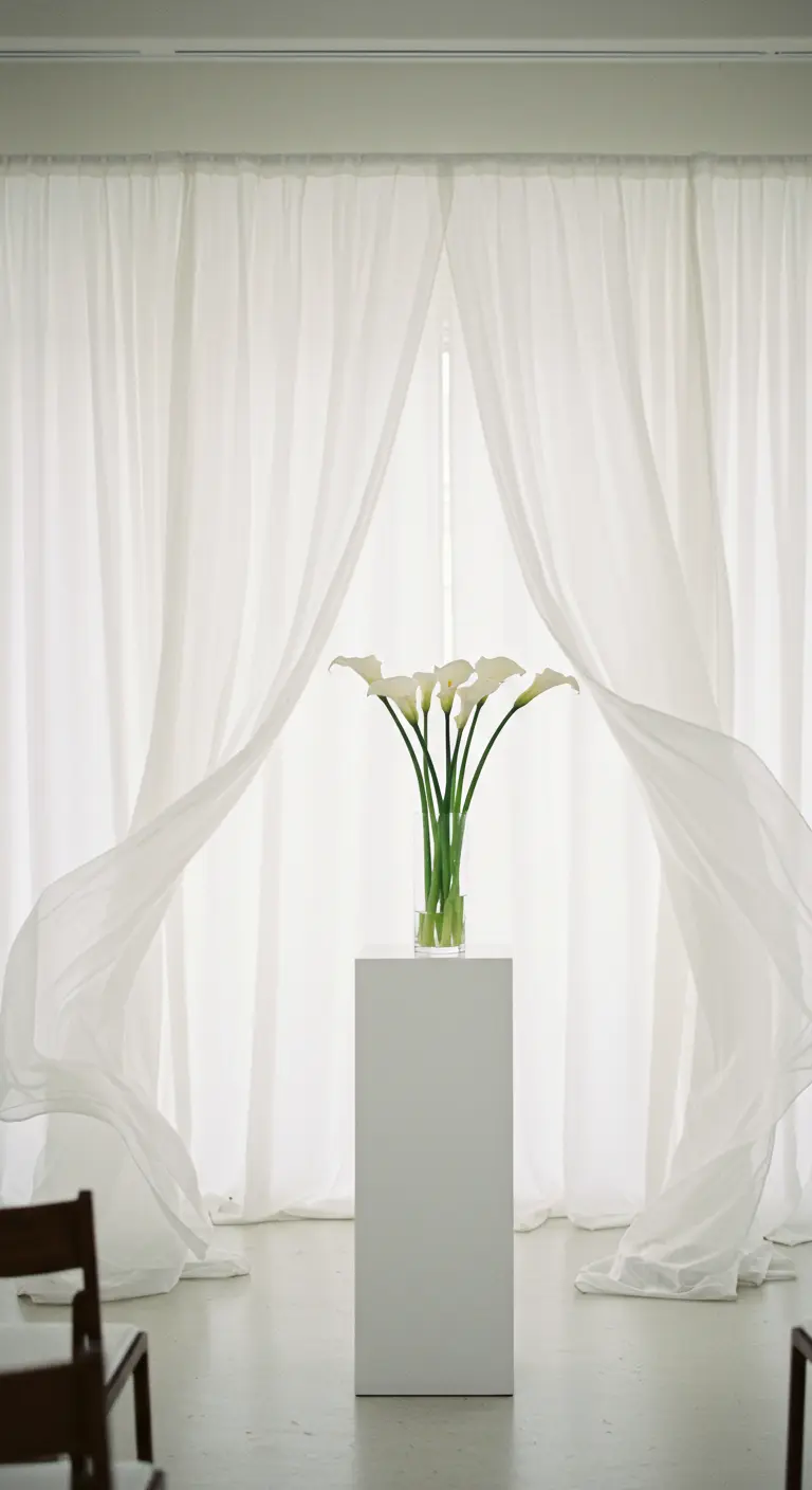 Minimalistisch altaar met witte sokkel, calla lelies en golvende witte gordijnen.