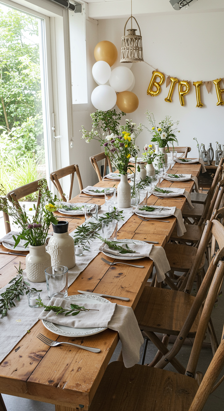 Landelijk gedekte houten tafel met veldbloemen, linnen en witte kannen.
