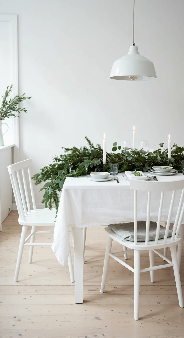 Volledig witte eetkamer met lange tafel, groene guirlande en witte kaarsen.