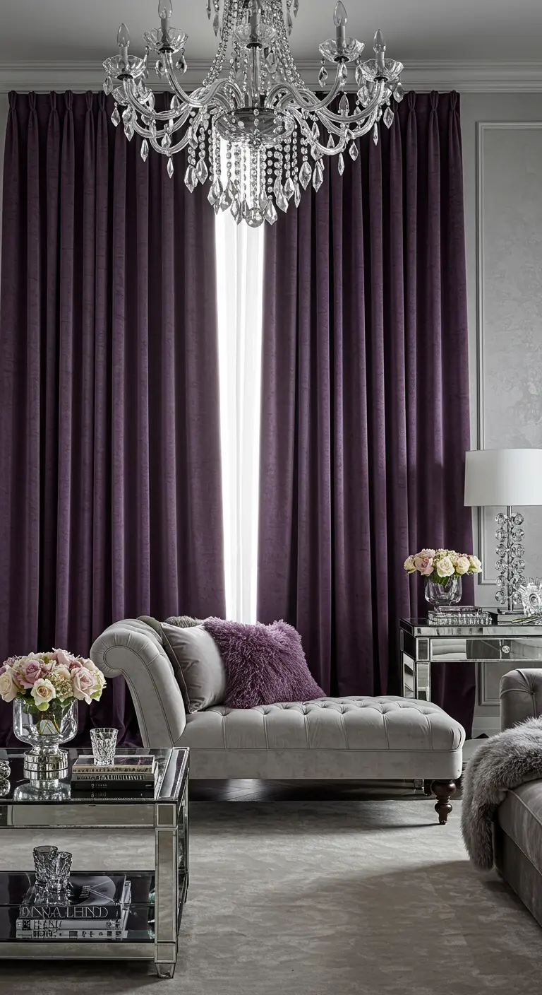 Luxe woonkamer met kamerhoge purperen fluwelen gordijnen en kristallen kroonluchter.