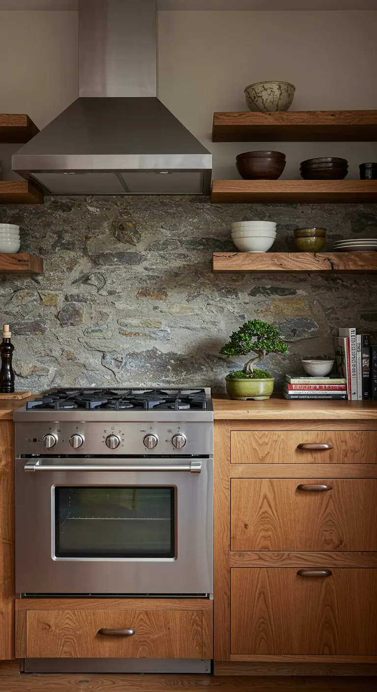 RVS fornuis met natuurstenen achterwand en houten planken met servies.