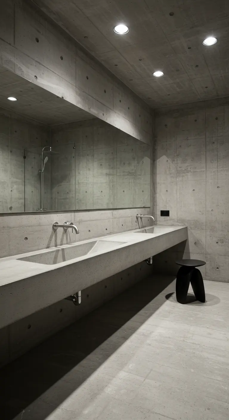 Minimalistische badkamer met lange, zwevende betonnen wastafel en grote spiegel.