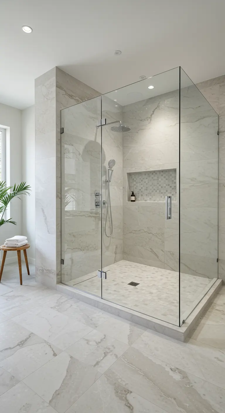 Lichte badkamer met frameloze glazen douchecabine en marmeren tegels.