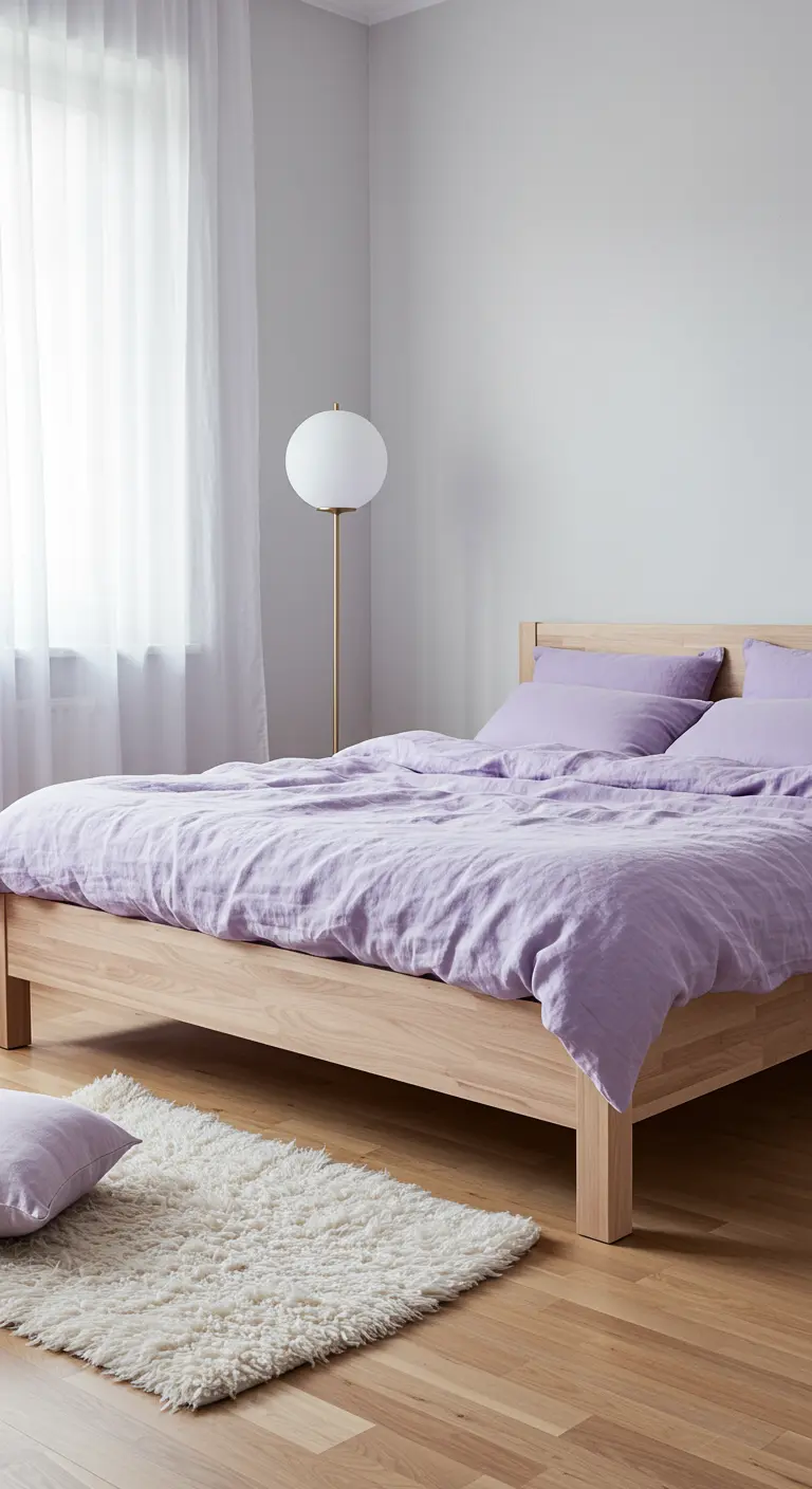 Slaapkamer met houten bed, lavendel linnen beddengoed, wit pluizig vloerkleed en staande lamp.