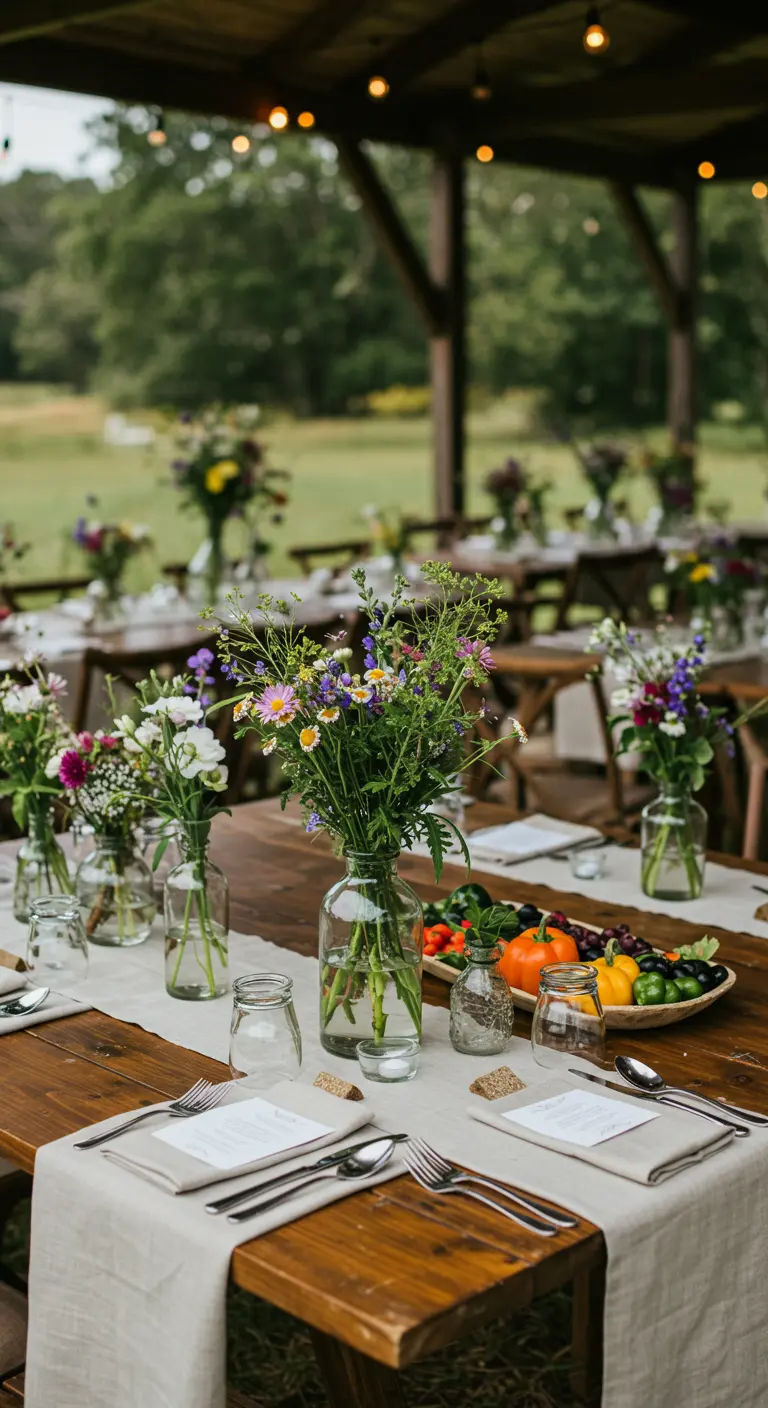 Rustieke boerderij bruiloft met houten tafels, veldbloemen in potjes en verse groenten.