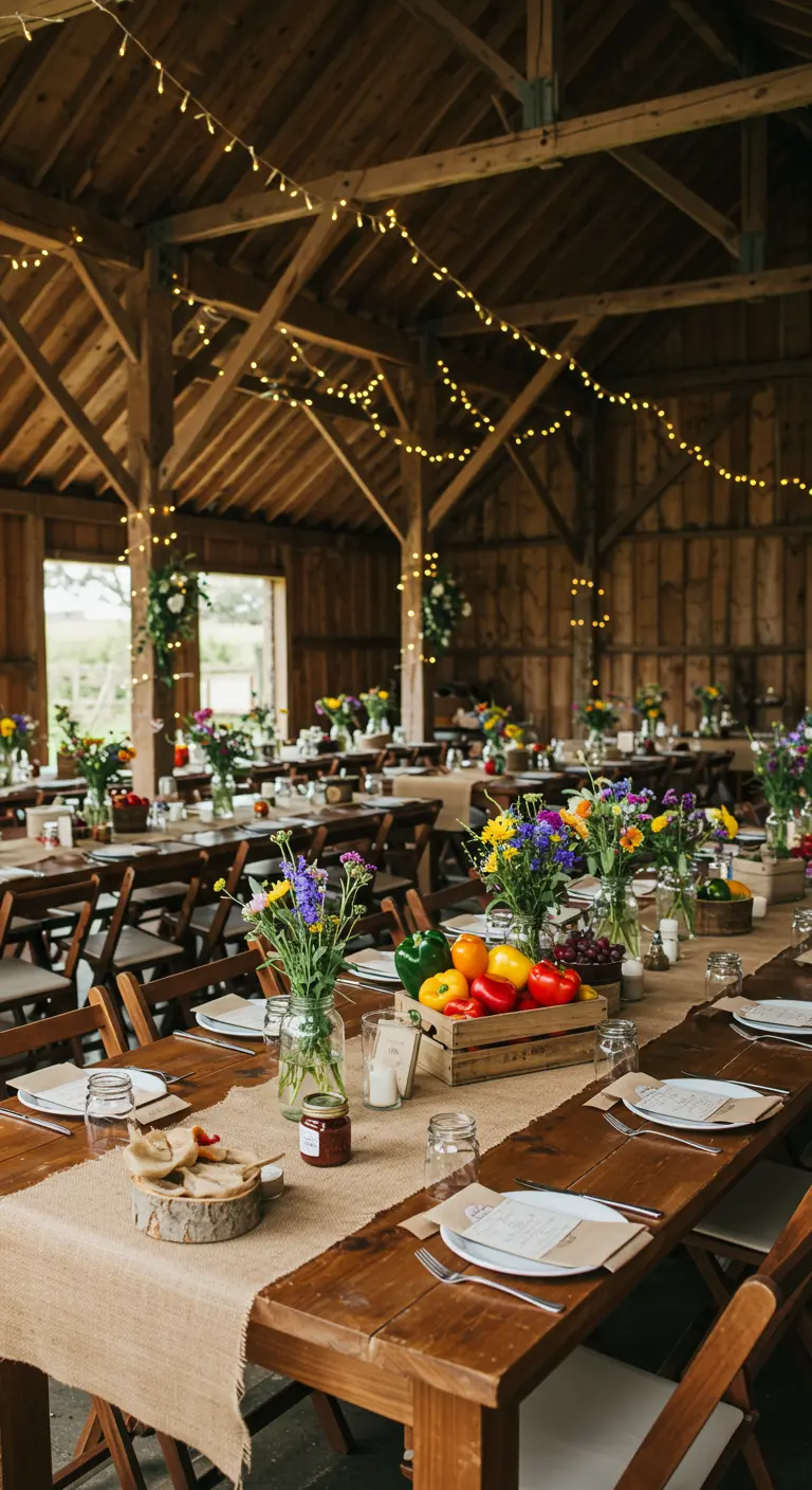 Rustieke schuursetting met houten tafels, jute lopers, veldbloemen in jampotten en lichtslingers.