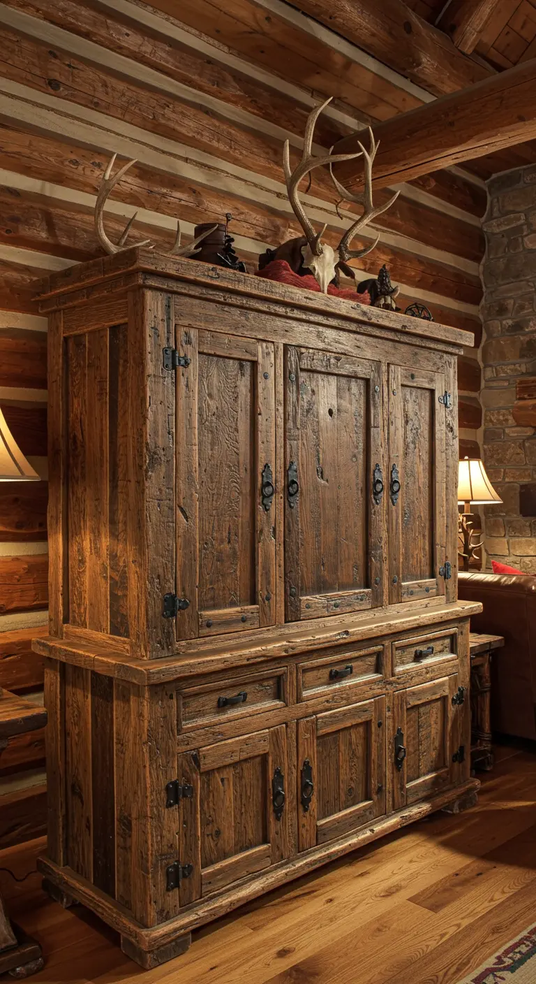 Landelijke woonkamer met een grote, robuuste houten kast en geweien als decoratie.