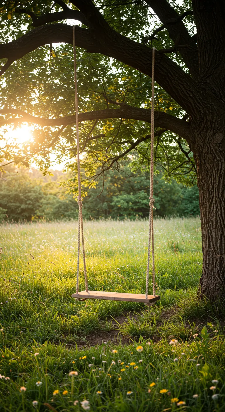 Eenvoudige houten schommel aan boom in weiland bij zonsondergang.