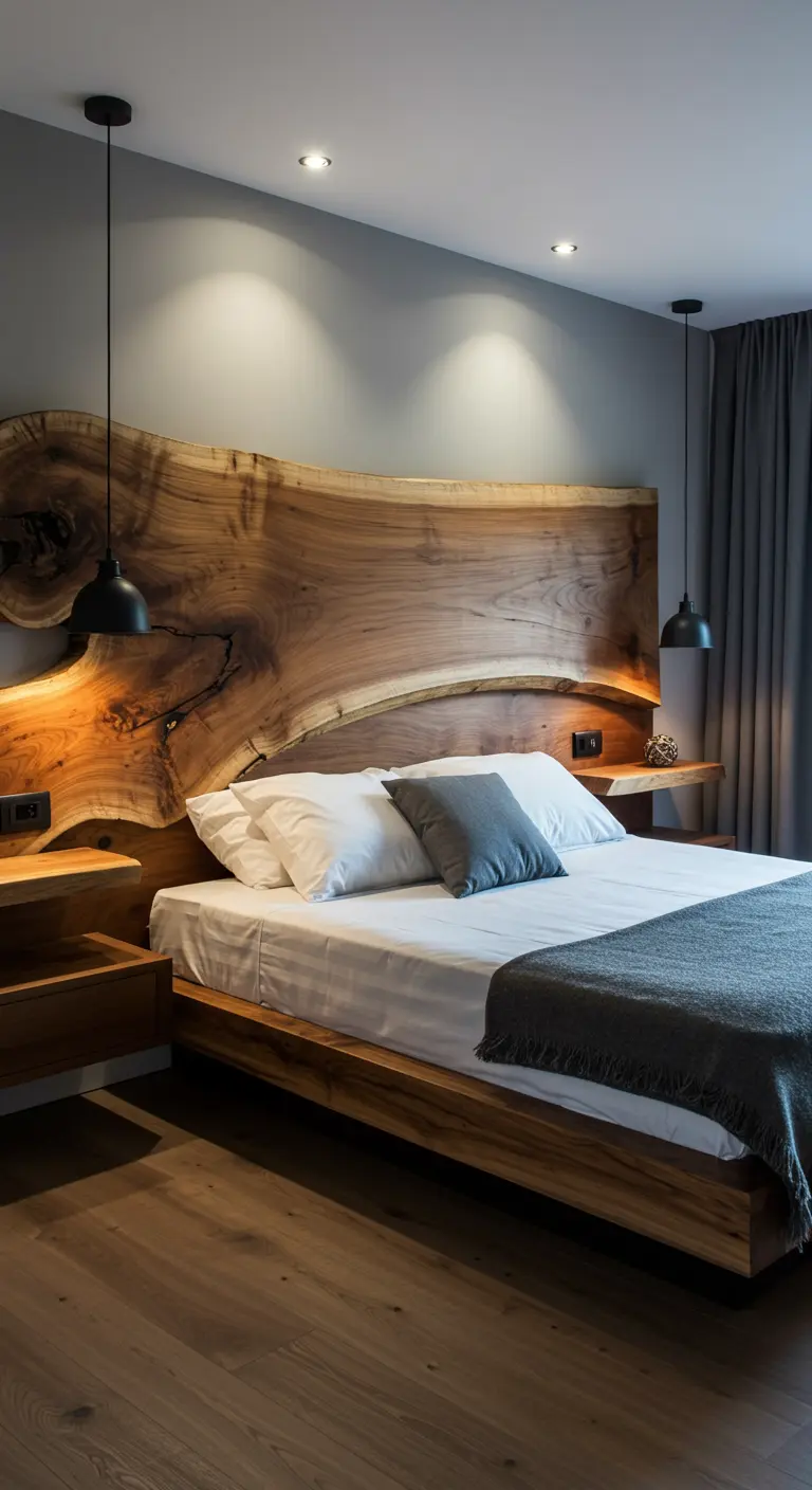 Moderne slaapkamer met een uniek ‘live edge’ houten hoofdbord en strakke nachtkastjes.