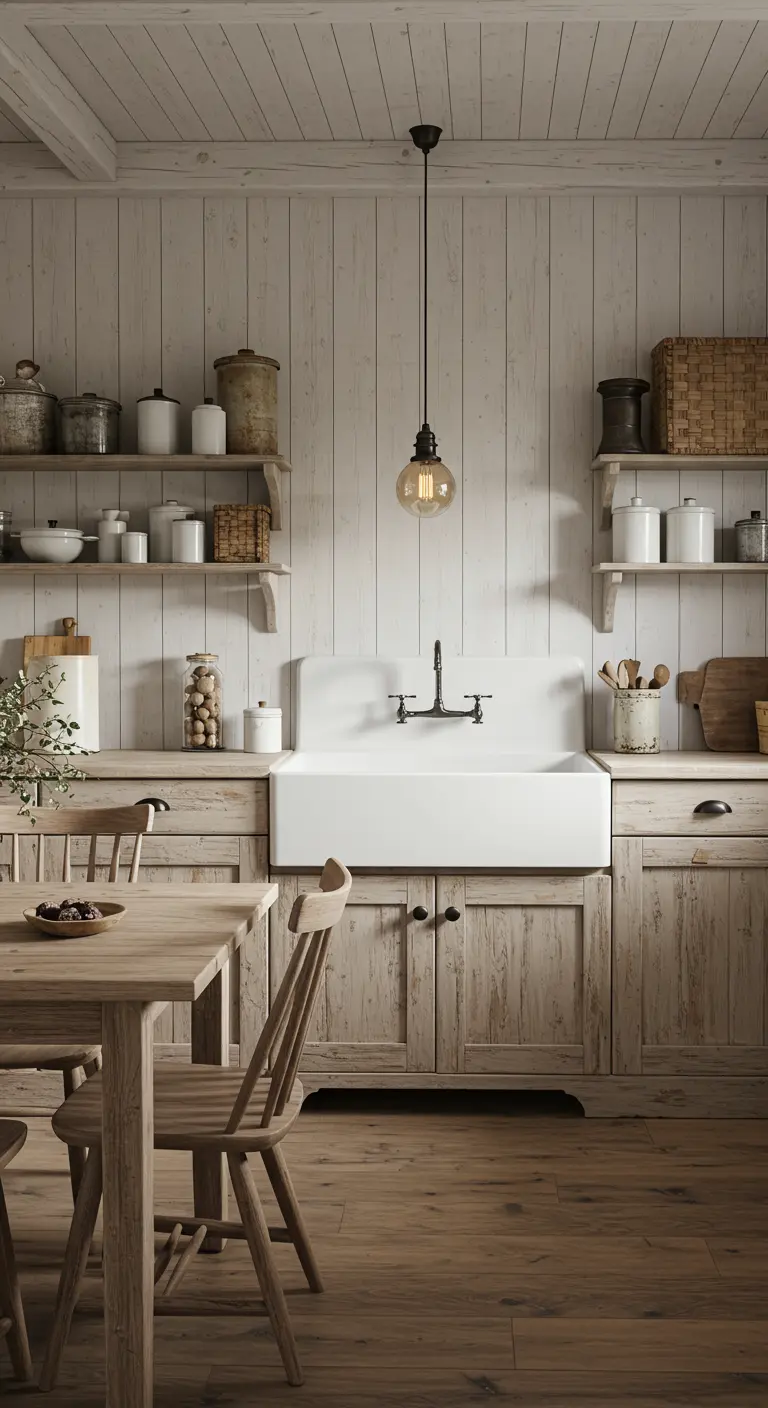 Rustieke Scandinavische keuken met veel hout en open planken.