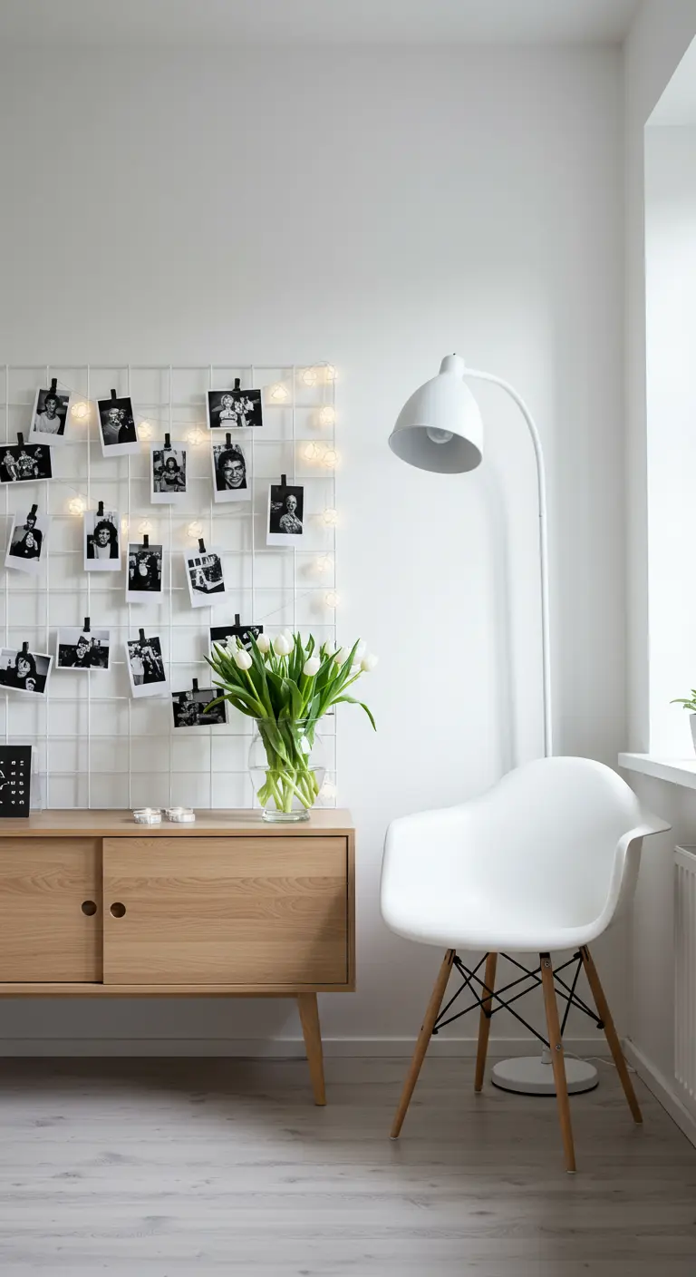 Minimalistische hoek met wit fotorek, lichtsnoer, houten dressoir en designstoel.