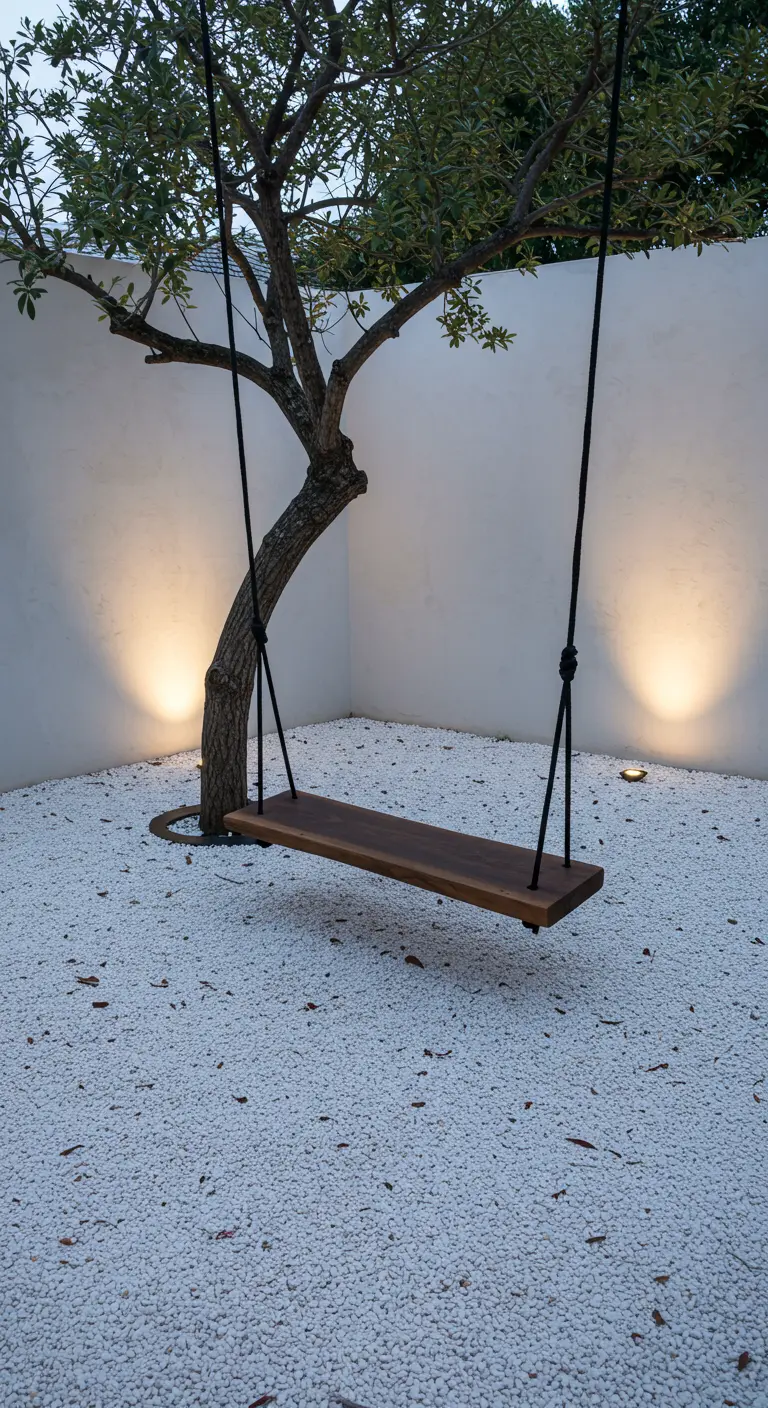 Minimalistische houten plankenschommel boven witte kiezels, verlicht door spots.